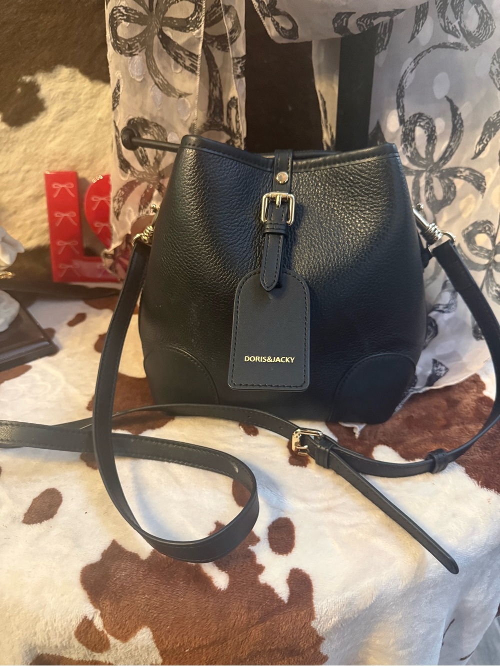 Doris & Jacky Black Pebbled Leather Crossbody Bucket Bag